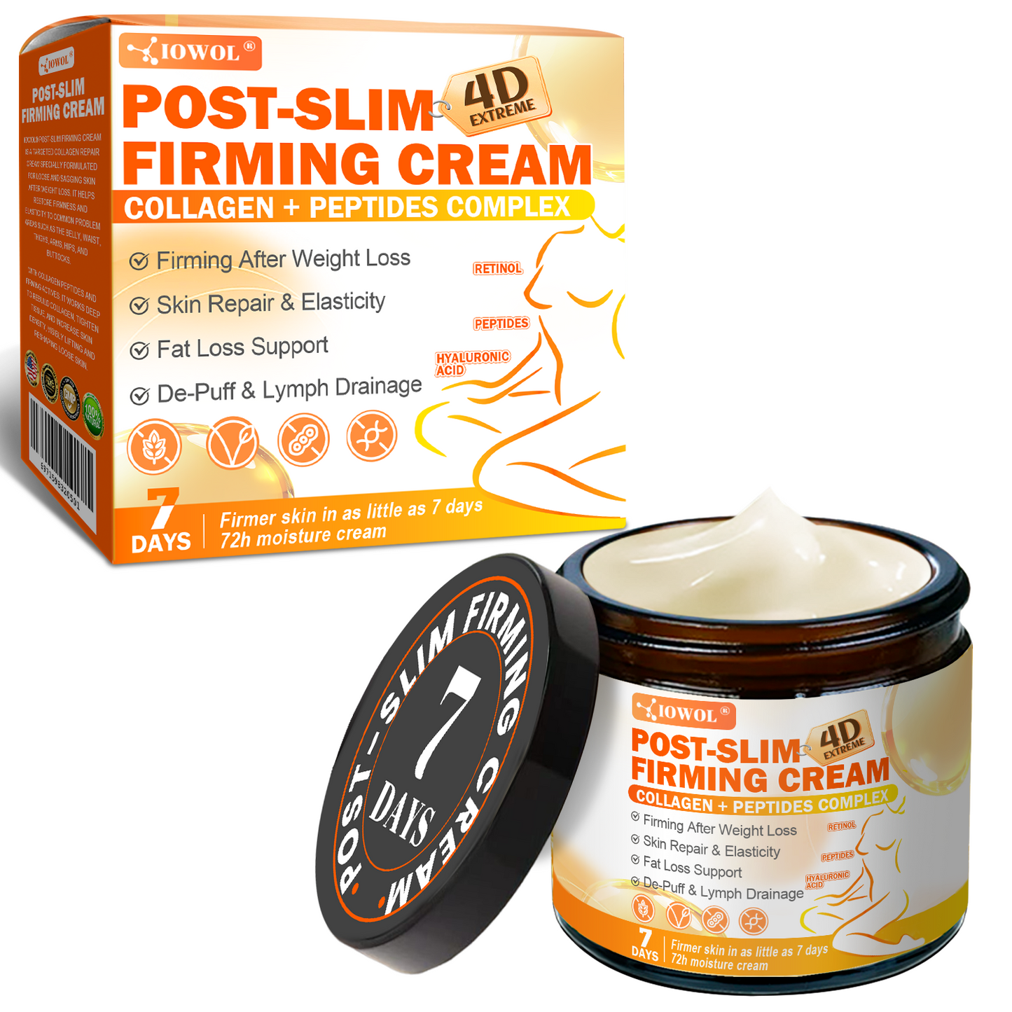 🏪 Boutique officielle | IOWOL® Crème raffermissante post-minceur avec peptides de collagène aide à raffermir la peau relâchée après une perte de poids et à retrouver une silhouette plus tonique.