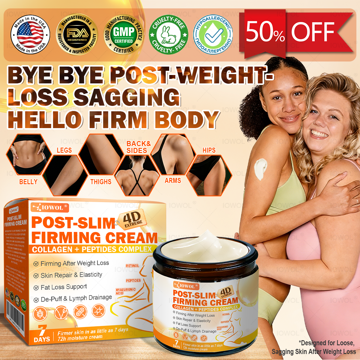 🏪 Boutique officielle | IOWOL® Crème raffermissante post-minceur avec peptides de collagène aide à raffermir la peau relâchée après une perte de poids et à retrouver une silhouette plus tonique.